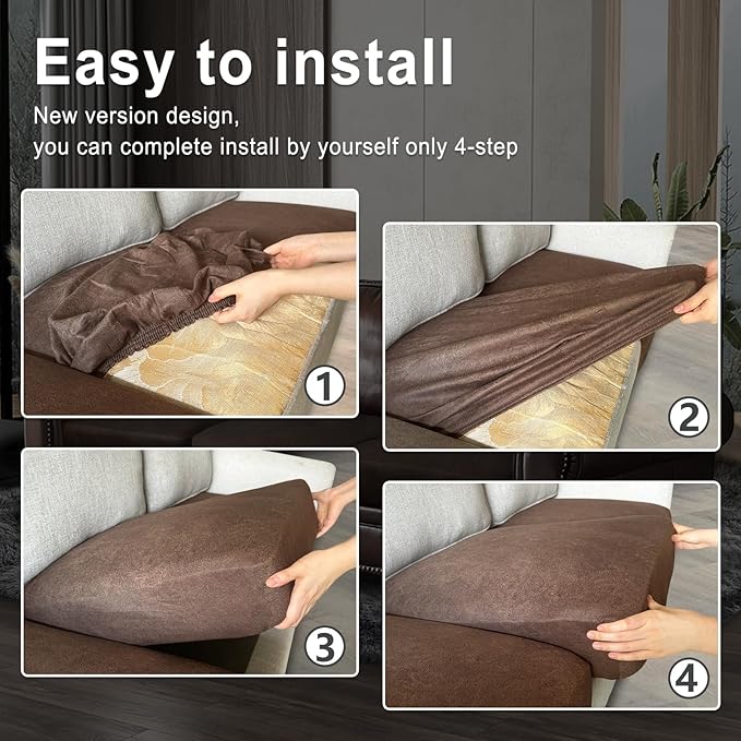 Leather Look Couch Cushion Covers Sofa Seat Slipcovers Sets Couches Furniture Protector for Sectional Armchair Loveseat Pets Kids Stretch Spandex Fabric (3 Cushion Sofa, Brown)