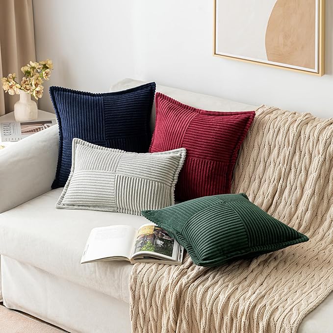 MIULEE Decorative Throw Pillow Covers for Couch Bed Livingroom 12x12 Inch Set of 2 Dark Green Boho Accent Throw Pllows Broadside Striped Patchwork Soft Corduroy Pillowcases