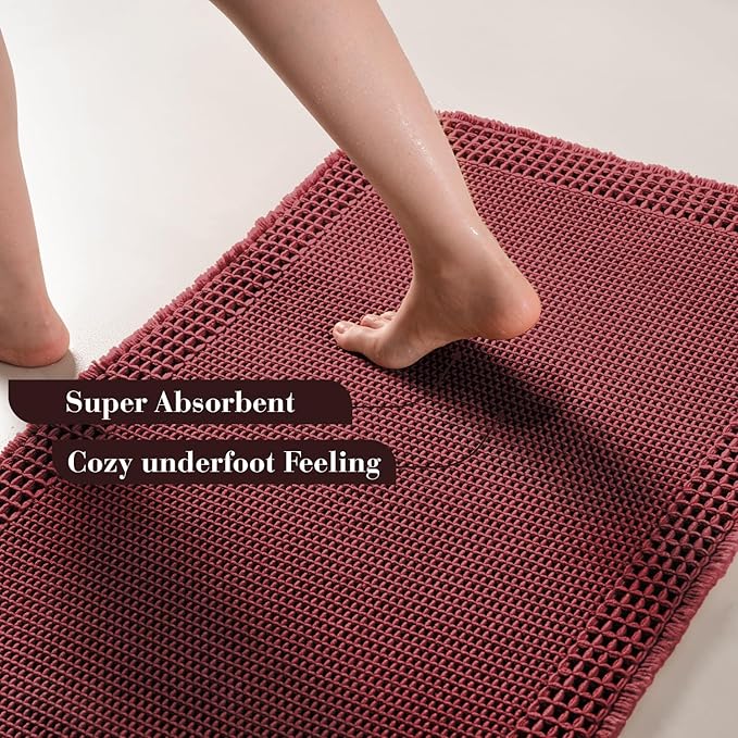 RESARE Waffle Bath Mat for Bathroom, Super Absorbent Bathroom Rugs Non Slip Machine Washable, Ultra Soft Quick Dry Boho Bath Rugs with Tassels for Floor, Upgraded Bordered Design, 17"x24" Dark Red