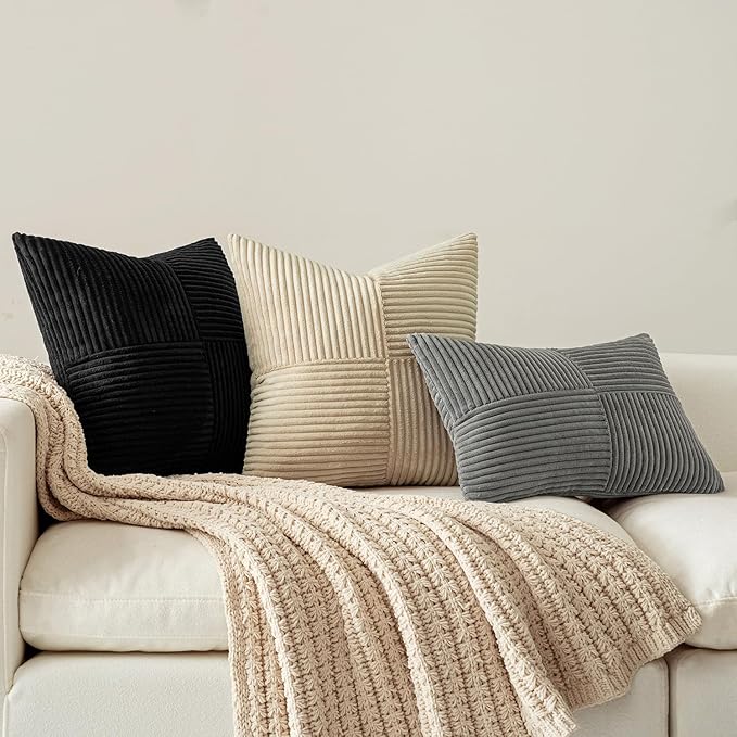 MIULEE Black Decorative Lumbar Throw Pillow Covers 14x24 Inch for Couch Bed Sofa Pack of 2 Boho Farmhouse Throw Pillows Soft Cross Corduroy Patchwork Textured Cushion Cases