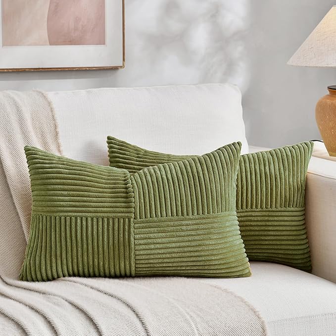 Fancy Homi 2 Packs Moss Green Lumbar Decorative Throw Pillow Covers 20x28 Inch for Living Room Couch Bed, Rustic Farmhouse Boho Home Decor, Soft Striped Corduroy Rectangle Accent Cushion Case 50x70 cm