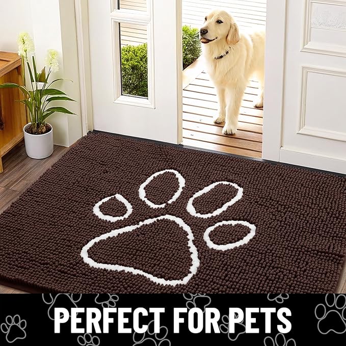 Smiry Dog Door Mat for Muddy Paws, Absorbent Dirt Trapper Non Slip Quick Dry Washable Chenille Mat for Mud Dogs, Entry Rug for Indoor and Outdoor (54x24 Inches, Brown and White)