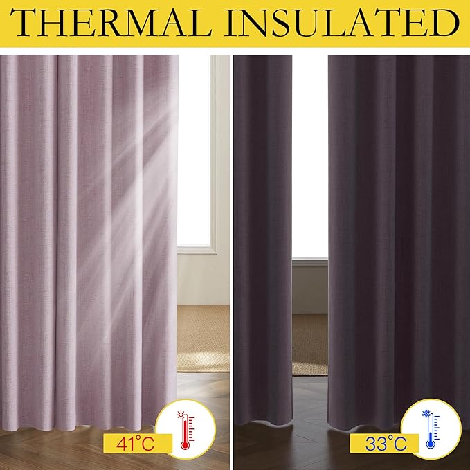 NICETOWN Pink Vintage Linen 100% Blackout Curtains for Living Room, Thermal Insulated Curtains 95" Long, Noise Reducing Window Treatment Drapes for Bedroom, 52" Wide Per Panel, Set of 2