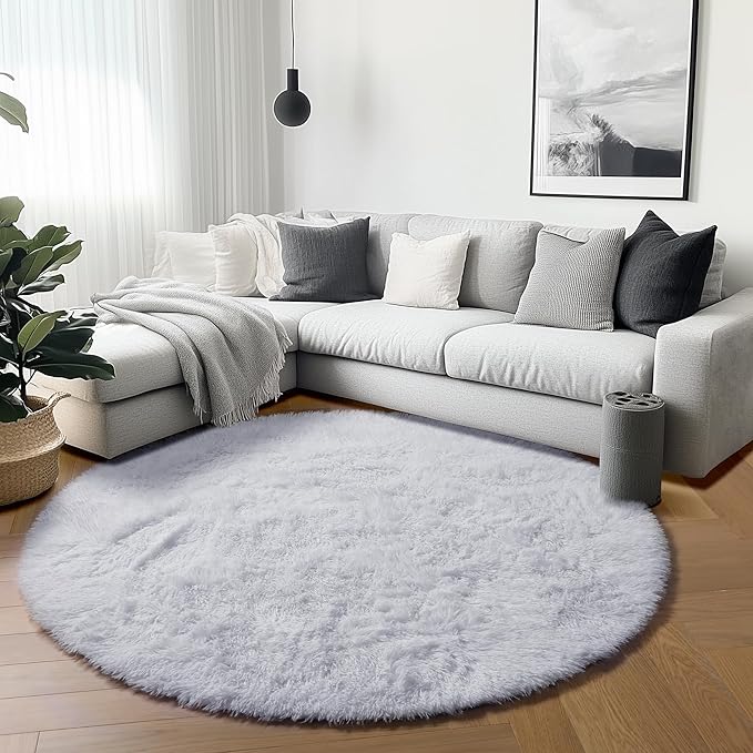 ONASAR White Round Area Rugs 5ft, Soft Bedroom Circle Rug Floor Mat for Kids Girls Boys Teen Room, Fuzzy Plush Shaggy Carpet for Baby Nursery Living Room Playroom Dorm Home Decor