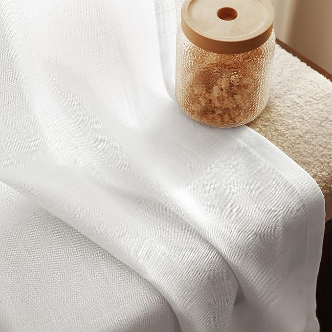 Linen White Curtains 84 inches Long for Bedroom Loop Pocket Privacy Light Filtering Semi Sheer White Boho Farmhouse Curtain Drapes Cotton Textured Modern Elegant Coastal Living Room Decor 60x84