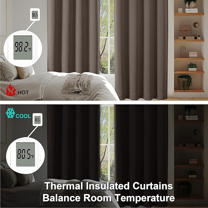 Simplebrand Ava Brown Short Blackout Curtains for Bedroom 45 Inches Long 2 Panels Set, Solid Thermal Insulated, Energy Saving Window Treatment Curtains Blackout Drapes, W40 x L45 Inch, Brown