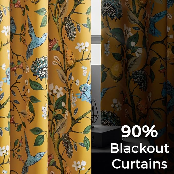 Topfinel Kitchen Curtains 45 Inch Length Mustard Yellow Vintage Blackout Curtains for Cafe Kitchen, Short Grommet Luxury Whimsical Floral Hummingbird Patterned 45 Inches Long for Living Room Bedroom
