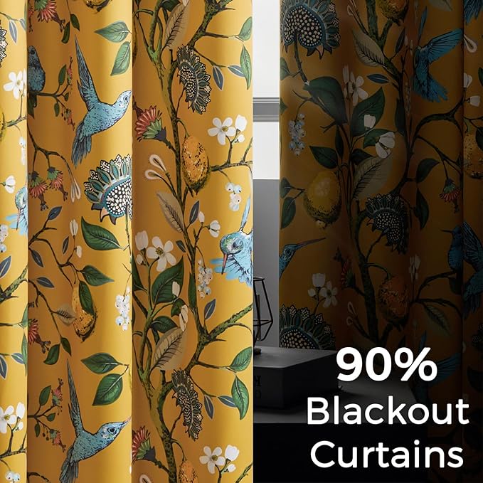 Topfinel 102 Inches Long Mustard Yellow Luxury Curtains for Living Room Bedroom, Blackout Vintage Art Deco Victorian Curtains Floral Lemon Hummingbird Printed Grommet Drape 102 Inch Length