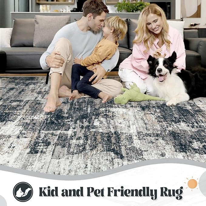 6x9 Area Rugs for Living Room, Washable Modern Abstract Large Area Rug Neutral Soft Non Slip Kids Rug Stain Resistant Indoor Carpet for Bedroom Nursery Dining Room Playroom(BlackGrey, 6'x9')