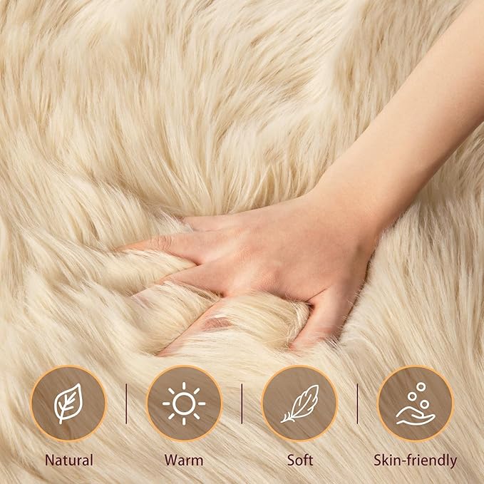 Ciicool Round Fur Fluffy Area Rug for Bedroom, Beige Faux Fur Rugs Furry Circle for Kids Room, Cute Furry Nursery Carpet, Plush Shag Circular Rugs Floor Carpets for Teen Girl Room, 3x3 Ft