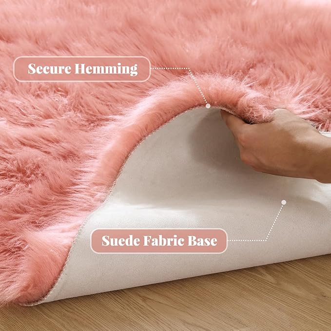 ORINOVA Pink Washable Fluffy Round Rugs for Bedroom Girls Shag Faux Sheepskin Fuzzy Fur Rugs for Living Room Circle Area Rug for Kids Round Rug 5ft