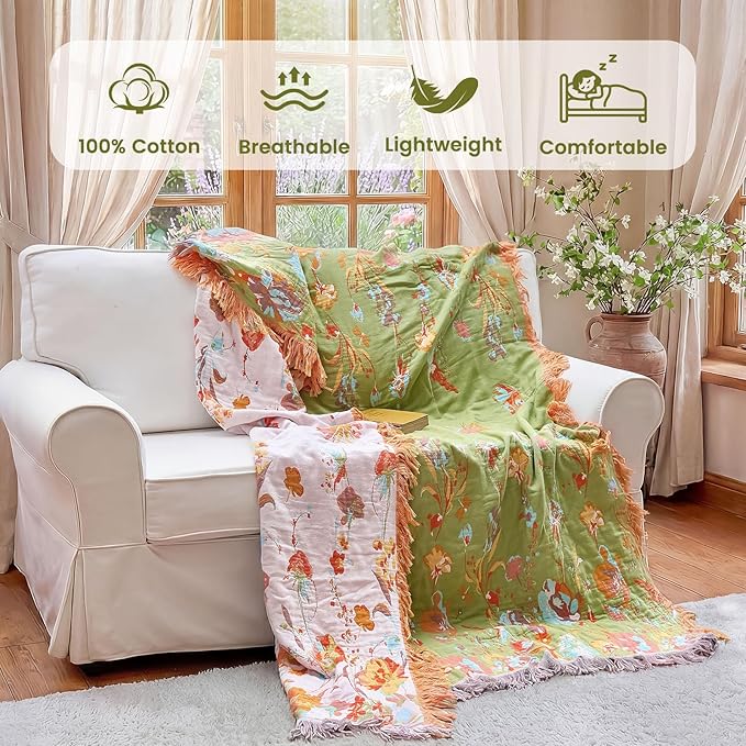 MSGKV Boho Throw Blanket 50"x60" Floral 100% Cotton Blanket with Flower and Butterfly for Couch Sofa Spring Breathable Lightweight Farmhouse Blankets Home Decor Muslin