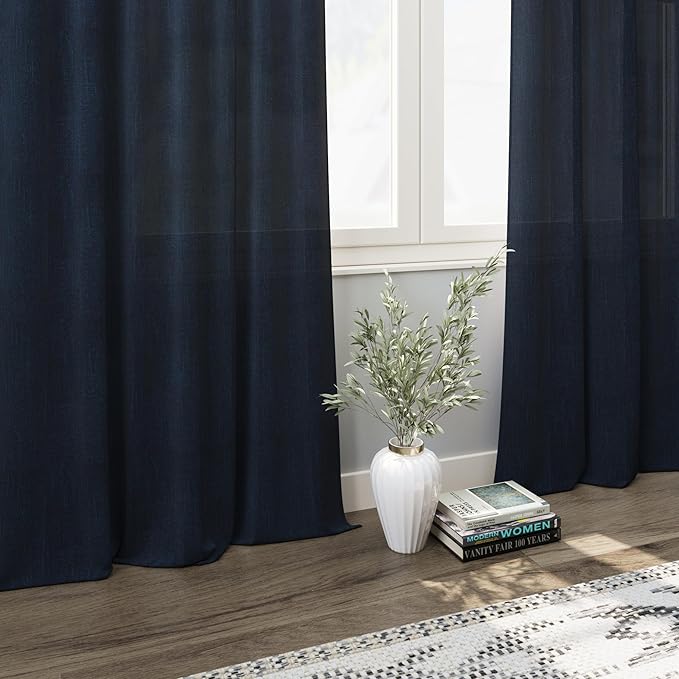 Nanspring Navy Blue Curtains 80 Inches Length for Living Room Back Tab Rod Pocket Semi Sheer Linen Drapes Muted Neutral Boho Indigo Blue Linen Textured Window Curtain for Dining Room 52X80 Inch