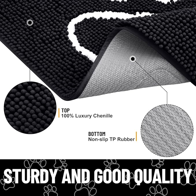 Smiry Dog Door Mat for Muddy Paws, Absorbent Dirt Trapper Non Slip Quick Dry Washable Chenille Mat for Mud Dogs, Entry Rug for Indoor and Outdoor (44x32 Inches, Black and White)