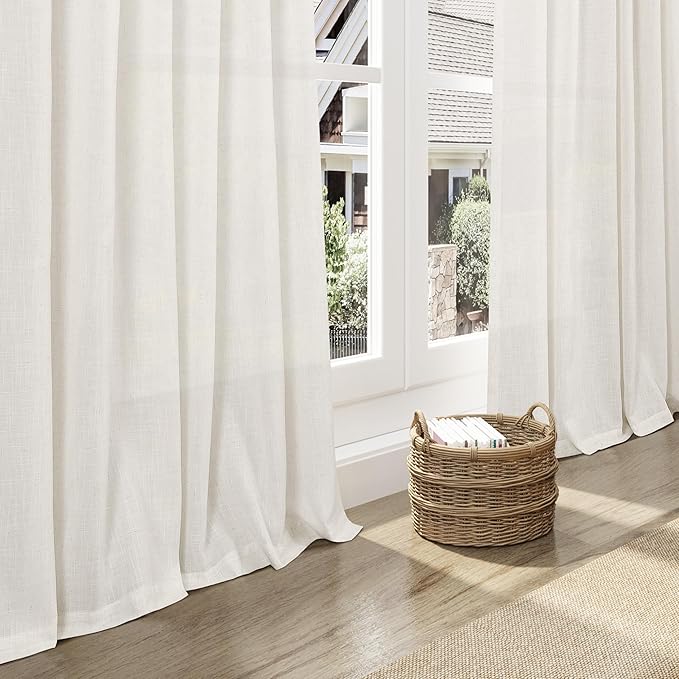Nanspring Beige White Linen Curtains for Living Room 98 Inches Long Back Tab and Rod Pocket Light Filtering Semi Sheer Curtain Rustic Farmhouse Decor Luxury Drapes for Bedroom Office 52x98, 2 Panels
