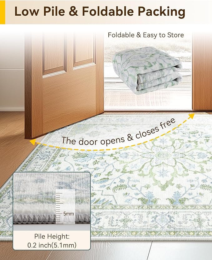 Area Rugs 2'x6' Runner Rug Non Slip Washable for Kitchen Hallway Bedroom Beside Laundry Room Bathroom Rug, Floor Carpet, Green White Blue