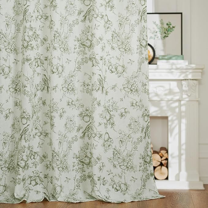 jinchan Linen Floral Curtains for Living Room 84 Inch Long Sage Green Printed Flower French Country Curtain Farmhouse Cottage Core Toile Curtains Back Tab Light Filtering Window Drapes Set 2 Panels