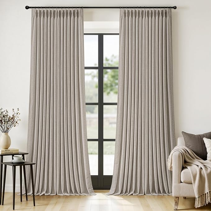 MIULEE Pinch Pleated Thick Linen Curtains 102 Inches Long 2 Panels for Living Room Bedroom, Linen Textured Drapes Pleat Back Tab Memory Trained Light Filtering Boho Taupe Window Curtains with Hooks