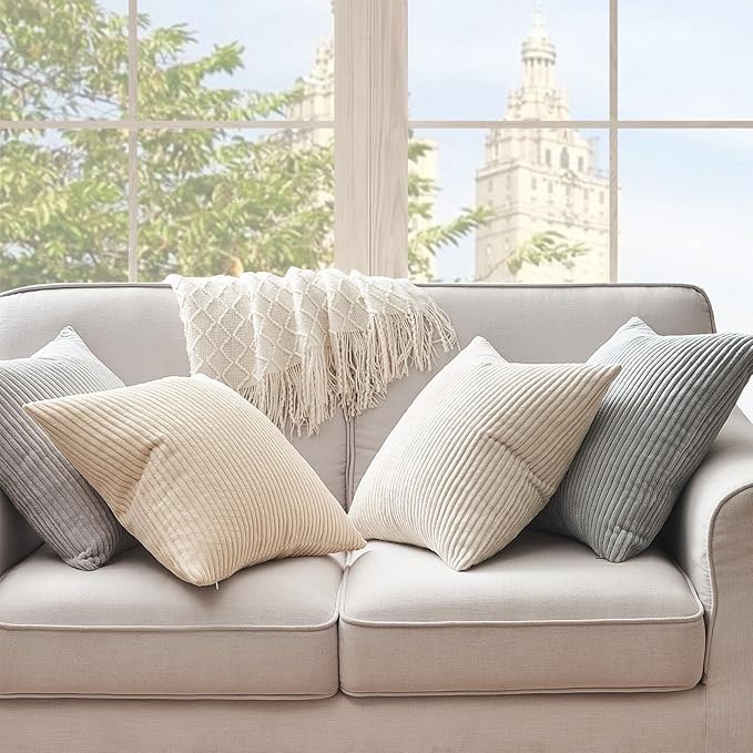 Topfinel 4 Packs Neutral Decorative Throw Pillows Covers 18x18 Inch for Living Room Couch Bed Sofa, Rustic Farmhouse Boho Home Decor, Soft Plush Striped Corduroy Square Cushion Case 45x45 cm