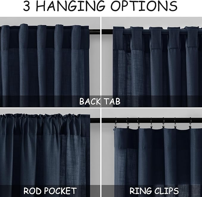Navy Blue Linen Blend Drapes 84 Inch Length 2 Panels Set Back Tab Rod Pocket Light Filtering Semi Sheer Textured Indigo Blue Curtains Boho Farmhouse Decor Curtains for Living Room Bedroom 40x84