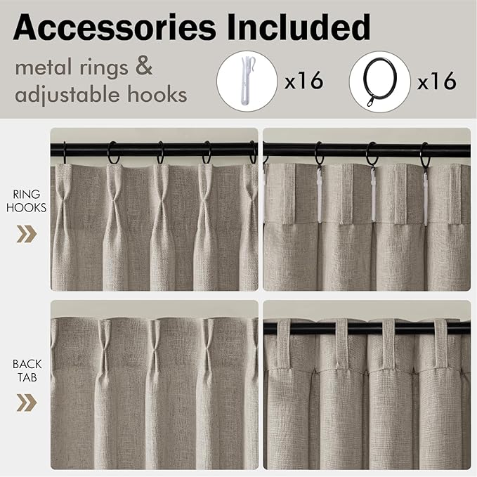 MIULEE Pinch Pleated Thick Linen Curtains 102 Inches Long 2 Panels for Living Room Bedroom, Linen Textured Drapes Pleat Back Tab Memory Trained Light Filtering Boho Taupe Window Curtains with Hooks