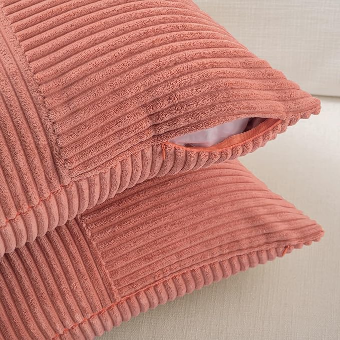 Fancy Homi 2 Packs Coral Samll Decorative Throw Pillow Covers 12x12 Inch with for Couch Bed Sofa, Rustic Farmhouse Boho Home Decor, Soft Corss Patchwork Corduroy Square Peach Cushion Case 30x30 cm