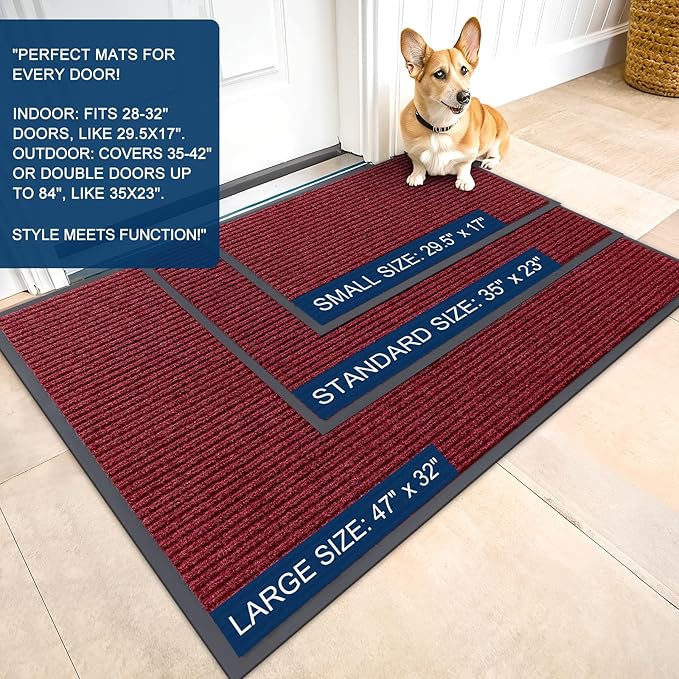 OLANLY Front Door Mat Indoor Outdoor Entrance, 2-Pack 47 x 23 Inch, Waterproof Heavy Duty Doormat, Fade Resistant, Low Profile, Easy Clean Patio Porch Welcome Floor Mats for Entry, Wine Red