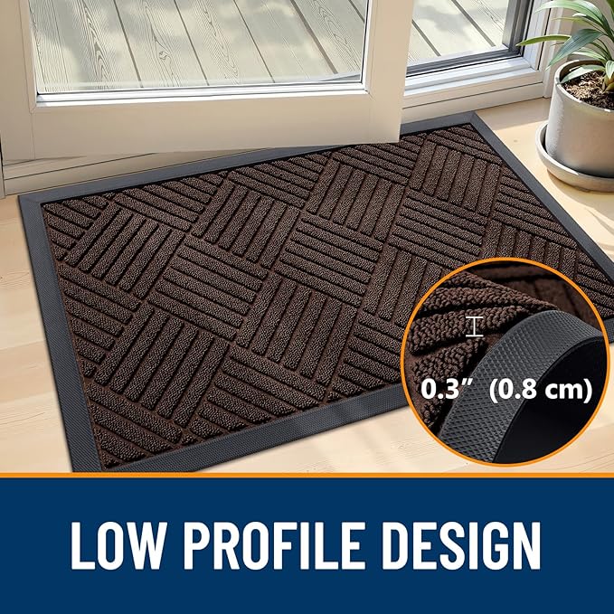 OLANLY Front Door Mat Outside Entrance 47x23, Absorbent, Heavy Duty Sturdy Natural Rubber Doormat Indoor Outdoor, Stain and Fade Resistant, Non-Slip Low Profile Floor Mat for Entryway, Brown Diamond