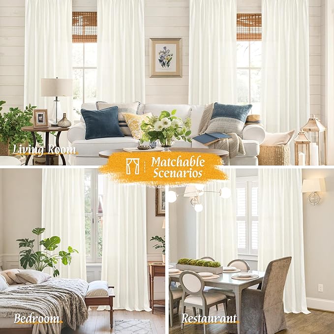 LAMIT Natural Linen Blended Curtains 63 Inch for Bedroom, Light Filtering Semi Sheer Living Room Curtains Farmhouse Boho Rod Pocket Privacy Drapes for Dining Room, 2 Panels (52 x 63 Inch, Cream)