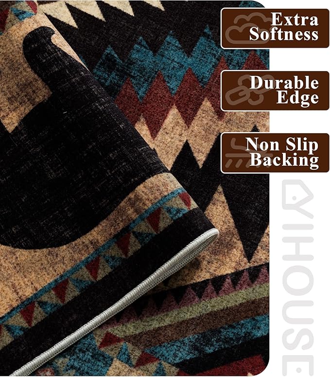 Hallway Runner Rug 2x6 Indoor Door Mat -Western Rug Bear Rustic Cabin Non-Slip Entryway Rug, Low Pile Tribal Print for Kitchen, Bedroom