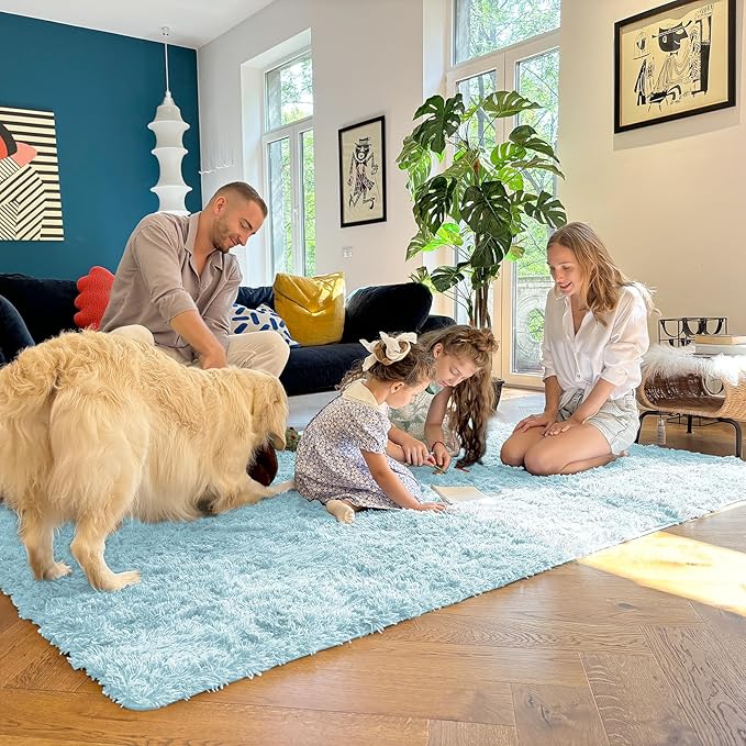 OLANLY 9x12 Machine Washable Large Area Rugs for Living Room, Bedroom, Soft Fluffy Shaggy Bedside Rug, Indoor Floor Carpet for Kids Girls and Boys, Dorms, Nursery, Home Decor Aesthetic, Light Blue