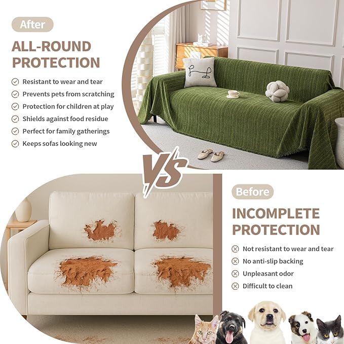 Boho Chenille Couch Cover for Dogs, Non Slip Sofa Cover, Couch Slipcover Covers for 3 Cushion, Furniture Protector with Tassels for Pets Washable, 91"x150", Fishbone Green
