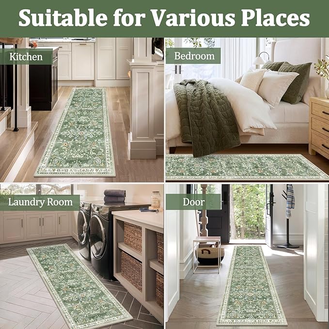 Yamaziot Washable Runner Rug 2x10 – Floral Non Slip Boho Hallway Runner Rug with Rubber Backing, Low Pile Faux Wool Distressed Carpet for Kitchen, Laundry, Bedroom, Entrance, Green