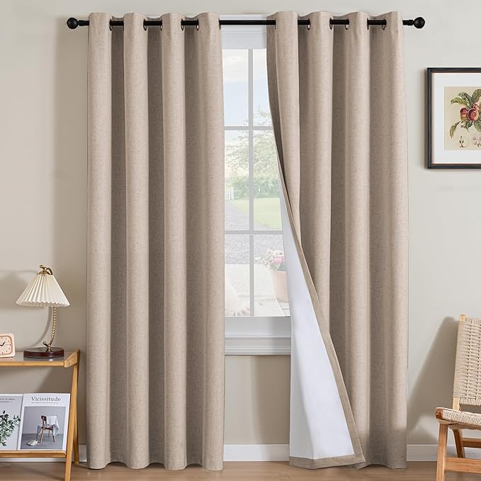 H.VERSAILTEX Linen Curtains 100% Blackout Curtains for Bedroom 102 inch Long Full Light Blocking Nature Linen Blended Window Curtains for Living Room Nickel Grommet (2 Panels, Heathered Sand)