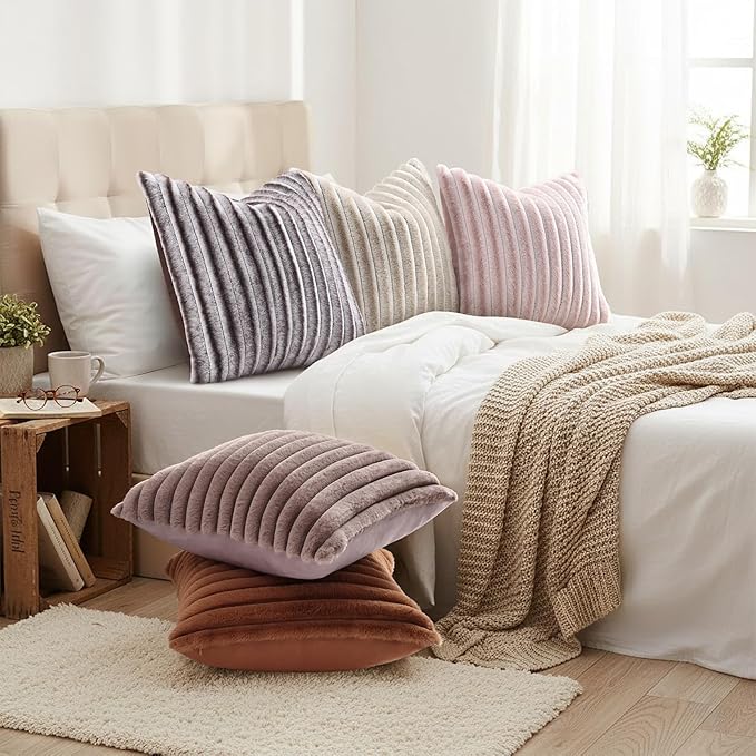 decorUhome Summer Cozy Faux Fur Throw Pillow Covers 16x16 Set of 2 Decorative Soft Plush Striped Modern Farmhouse Boho Couch Pillow Cases with Velvet Back for Sofa Bed Living Room, Beige White