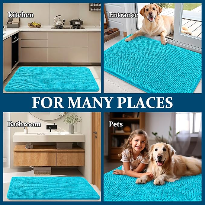 OLANLY Dog Door Mat for Muddy Paws 48x30, Absorbs Moisture and Dirt, Absorbent Non-Slip Washable Doormat, Quick Dry Chenille Mud Mat for Dogs, Entry Indoor Entryway Carpet for Inside Floor, Aqua Blue