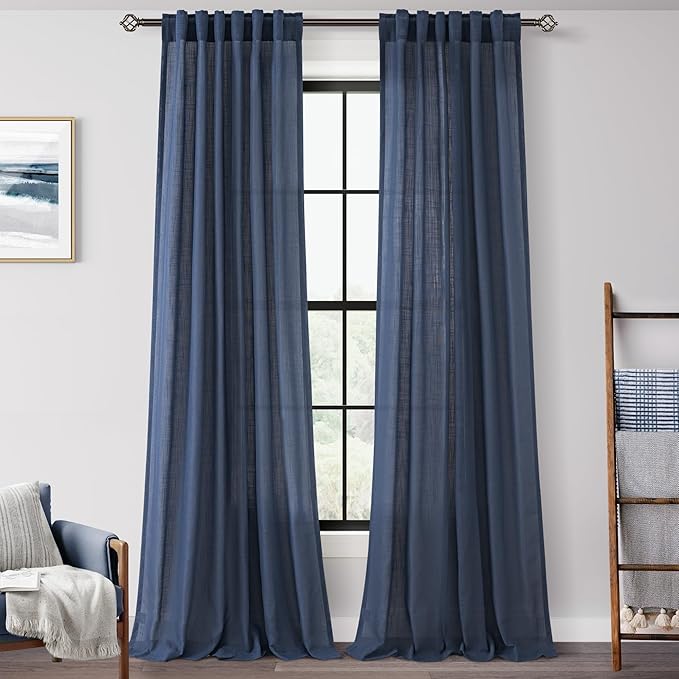Navy Blue Curtains 96 inch Length for Bedroom Back Tab Light Filtering Semi Sheer Blue Living Room Curtains Linen Cotton Textured Indigo Blue Drapery Panel Modern Aesthetic Decor 42" Wx96 L