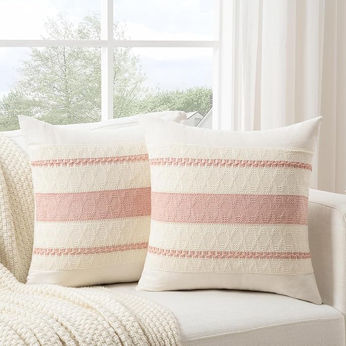 Fancy Homi Set of 1 Boho Pink Euro Decorative Throw Pillow Cover 26x26 Inch for Couch Bed Bedroom, Aesthetic Modern Organic Farmhouse Room Decor, Soft Cotton Accent Macrame Woven Cushion Case