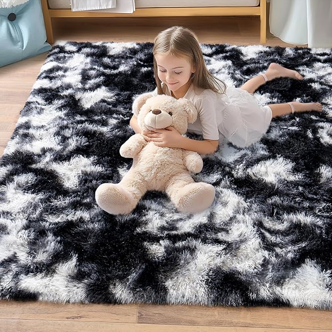 Pionblank Fluffy Area Rug for Bedroom 4x6 Feet, Indoor Plush Carpet, Shag Soft Bedside Rug, Cute Comfy Furry Rug for Living Room Dorm Girls Boys Room Nursery Decor, Black White