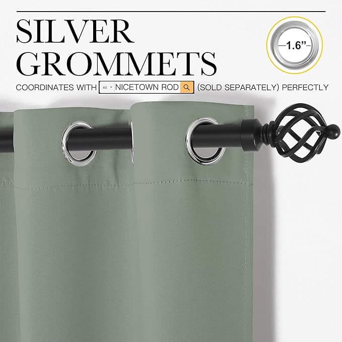 NICETOWN Greyish Green Room Darkening Curtains for Kitchen, Window Treatment Thermal Insulated Solid Grommet Room Darkening Curtains/Drapes for Bedroom (Set of 2, 42 inches Wide by 48 inches Long)