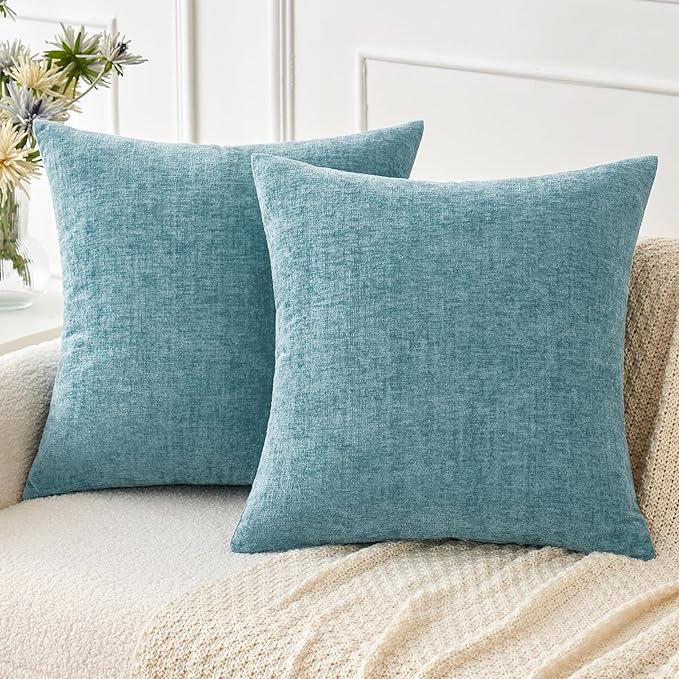 MIULEE Pack of 2 Couch Throw Pillow Covers 18x18 Inch Soft Smoke Blue Chenille Pillow Covers for Sofa Living Room Solid Dyed Pillow Cases