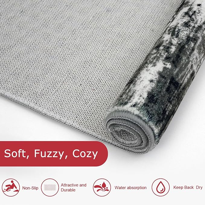 KOZYFLY Modern Abstract Washable Rug Runner 2.6x14 Hallway Rug Runner Non-Slip Soft Kitchen Runner Rugs, Black Grey Striped Carpet for Entryway Bathroom Laundry Room Foyer