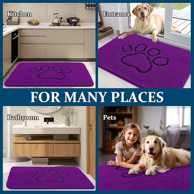 OLANLY Dog Door Mat for Muddy Paws 30x20, Paw Print Design, Absorbs Moisture and Dirt, Absorbent Non-Slip Washable Doormat, Quick Dry Chenille Mud Mat for Dogs, Entry Indoor Entryway Carpet, Purple