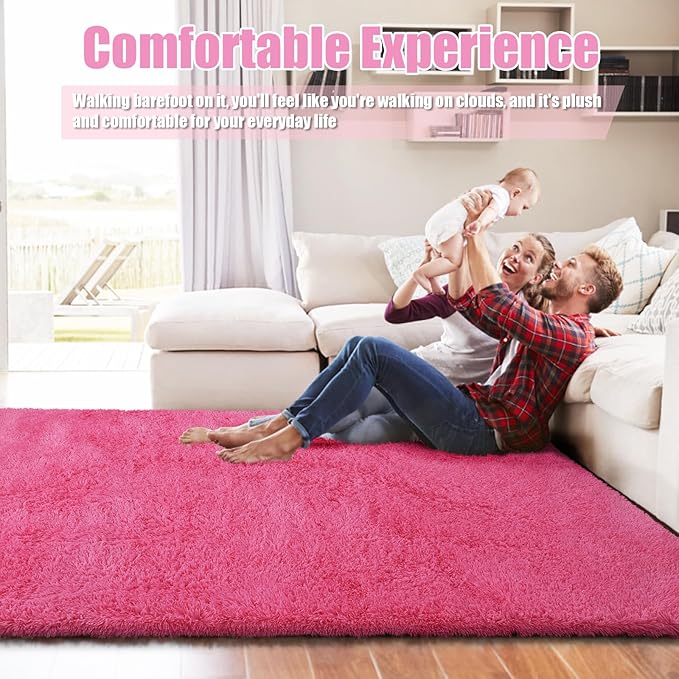 Shag Area Rug for Bedroom 4x6,Fluffy Area Rugs for Living Room,Soft Fuzzy Rug Non-Shedding Indoor Plush Carpet for Kids Bedroom Nursery Dorm Home Decor,Hot Pink
