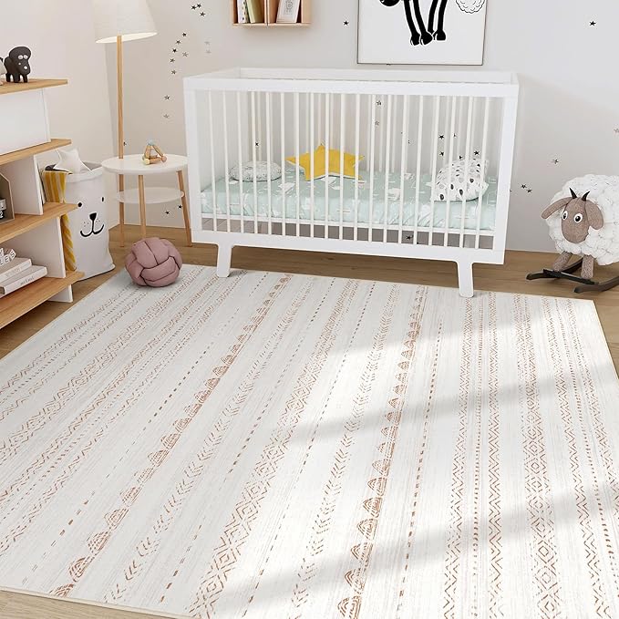 Nakagishi 8x12 Area Rugs Living Room: Washable Boho Large Neutral Soft Farmhouse Rug Stain Resistant Modern Moroccan Non-Slip Indoor Floor Carpet for Bedroom Nursery Kids Playroom Office- Brown