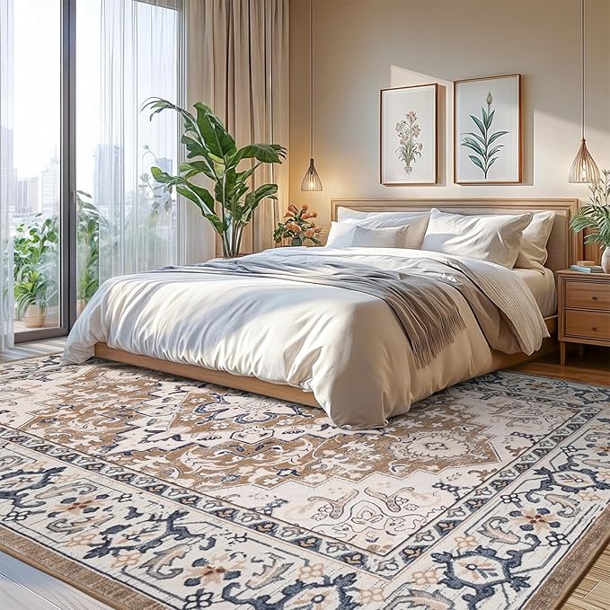 Lofus 8x10 Area Rugs for Living Room, Washable Area Rug, Rugs for Bedroom, Kitchen, Vintage Boho Carpet, Soft Non-Slip, Low Pile Large Area Rug for Office Dining Room, Floral Brown