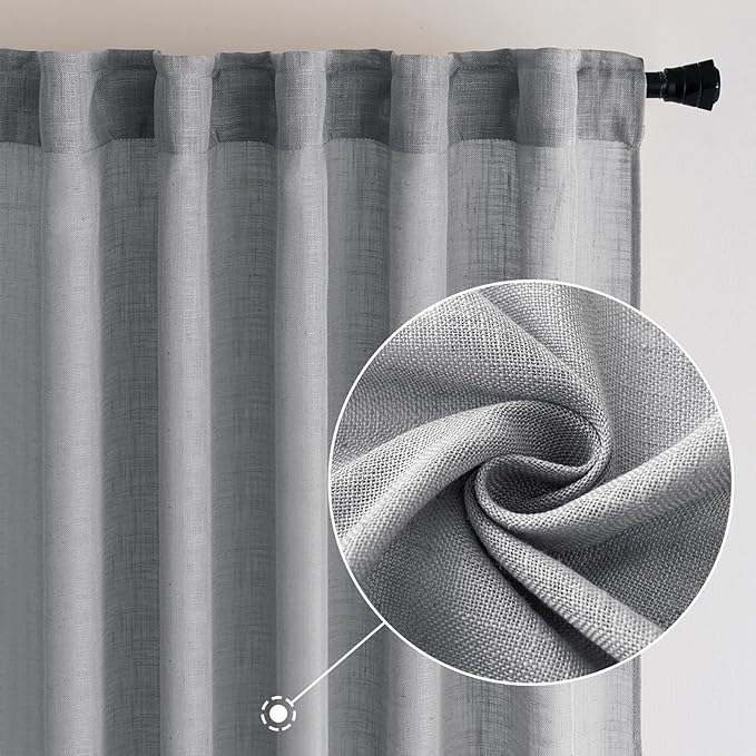 MIULEE Grey Linen Curtains 108 Inches Long for Bedroom Living Room, Soft Thick Linen Textured Window Drapes Gray Semi Sheer Light Filtering Rod Pocket Back Tab Burlap Look Farmhouse Decor, 2 Panels