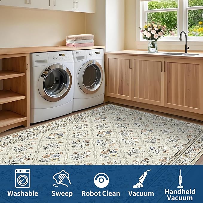 Washable Kitchen Runner 2x6 Non-Slip Floral Carpet Runner for Entryway Indoor Ultra Soft Stain Resistant Long Rugs Farmhouse Floor Mat for Hallways Laundry Bedroom Beige