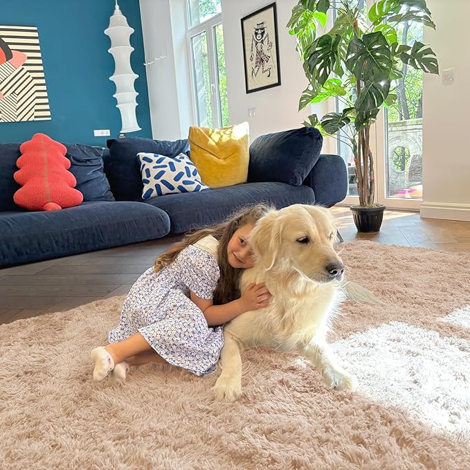 OLANLY 6x12 Machine Washable Large Area Rugs for Living Room, Bedroom, Soft Fluffy Shaggy Bedside Rug, Indoor Floor Carpet for Kids Girls and Boys, Dorms, Nursery, Home Decor Aesthetic, Beige