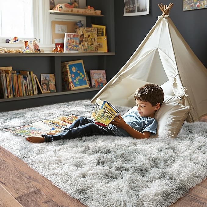 Pionblank Fluffy Area Rug for Bedroom 4x6 Feet, Indoor Plush Carpet, Shag Soft Bedside Rug, Cute Comfy Furry Rug for Living Room Dorm Girls Boys Room Nursery Decor, Tie Dye Grey